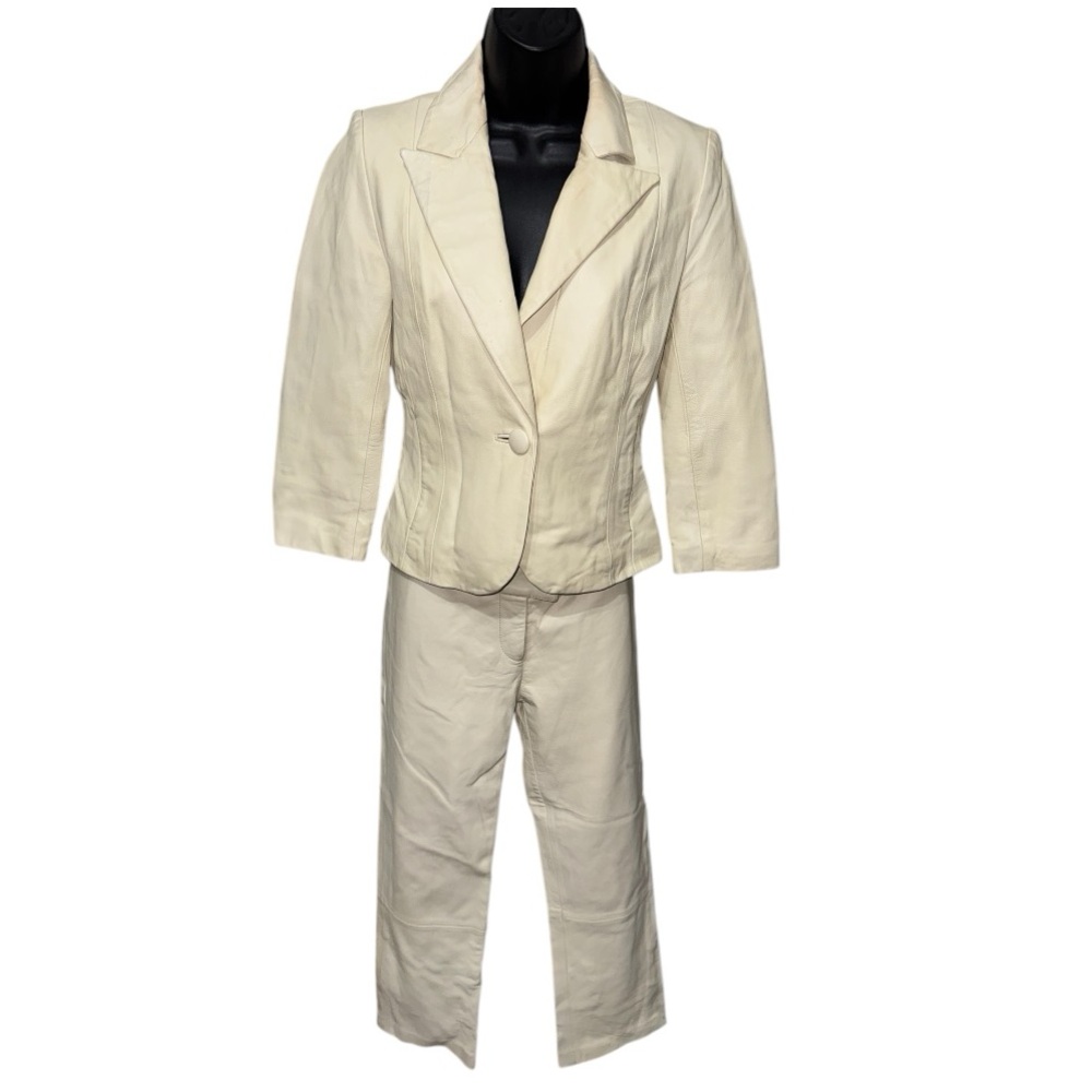Women’s Vintage H&M 100% Genuine Leather Cream Two Piece Blazer & Pant Set - 6